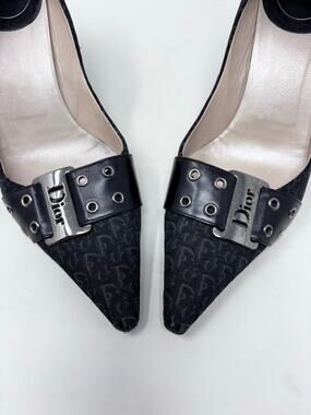 Vintage Dior Black Canvas Trotter Oblique Pump Pointed Toe Logo Buckle size 40